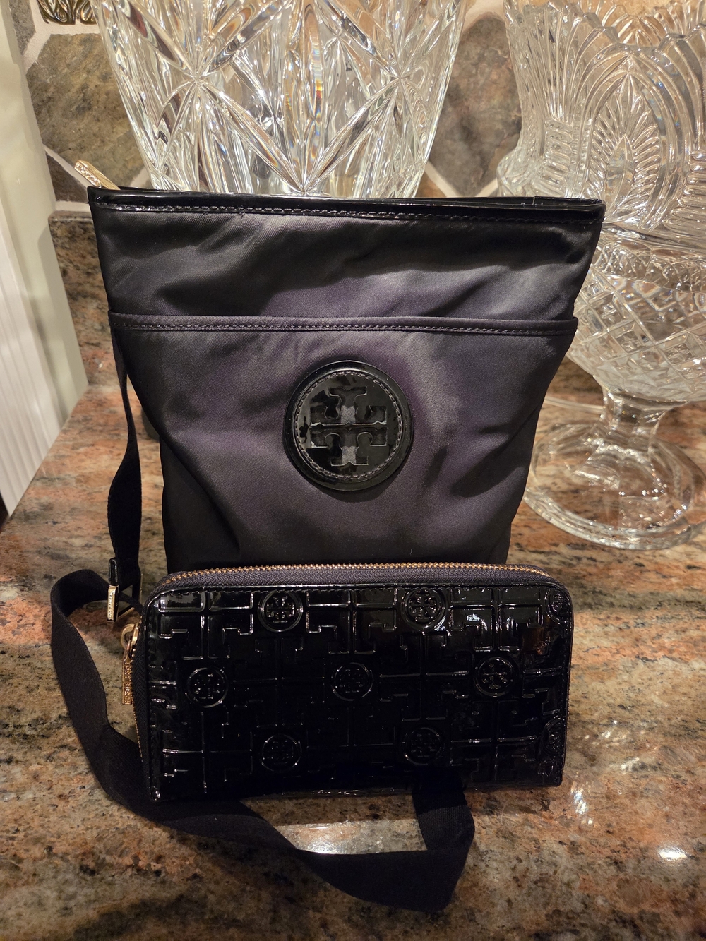 Tory Burch Black Nylon Crossbody Bag with Patent Wallet